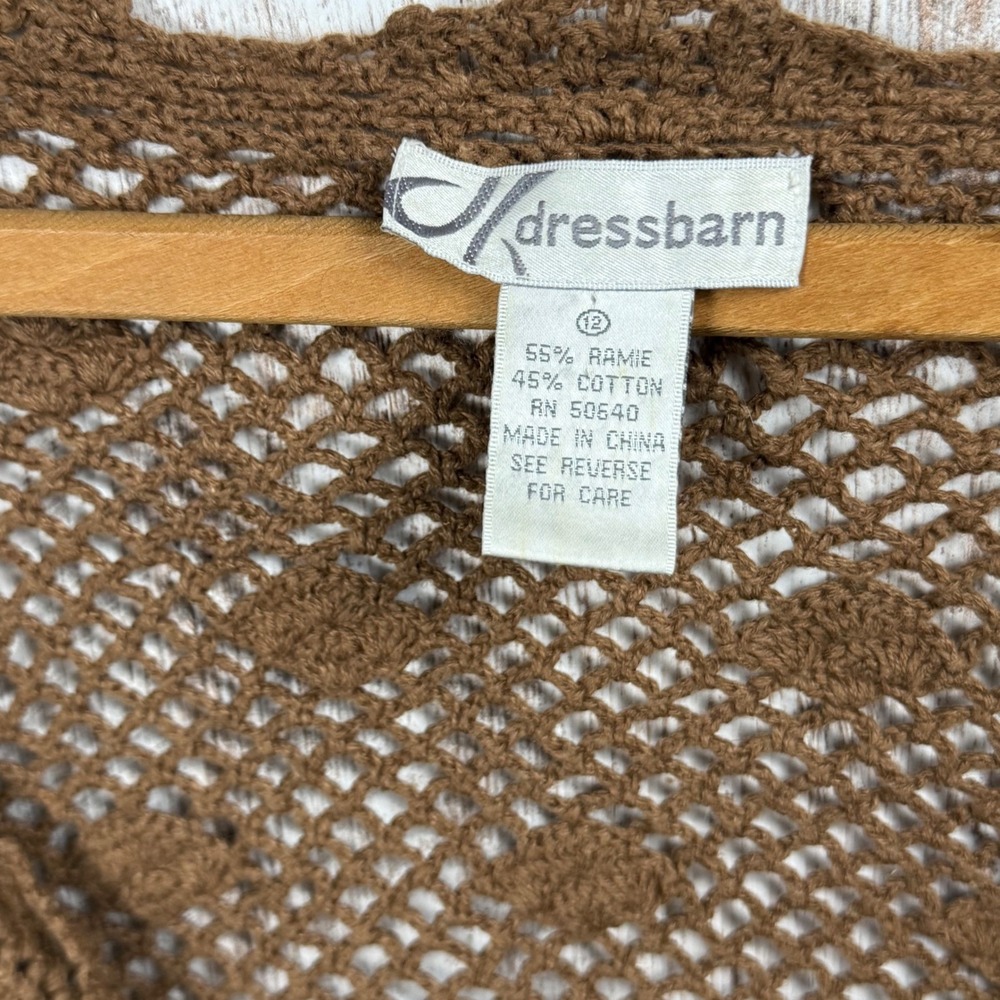 Dressbarn Coffee Brown Crochet Tie Front Shrug Cardigan Knit Cropped Sz 12 - Picture 2 of 7